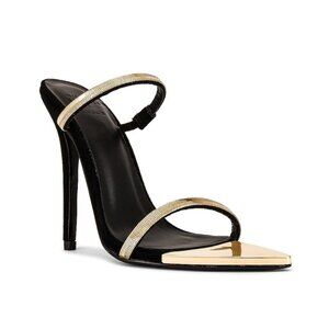 Michael Costello x REVOLVE Gwenn Sandal Black LEATHER GOLD STRAP OPEN TOE new